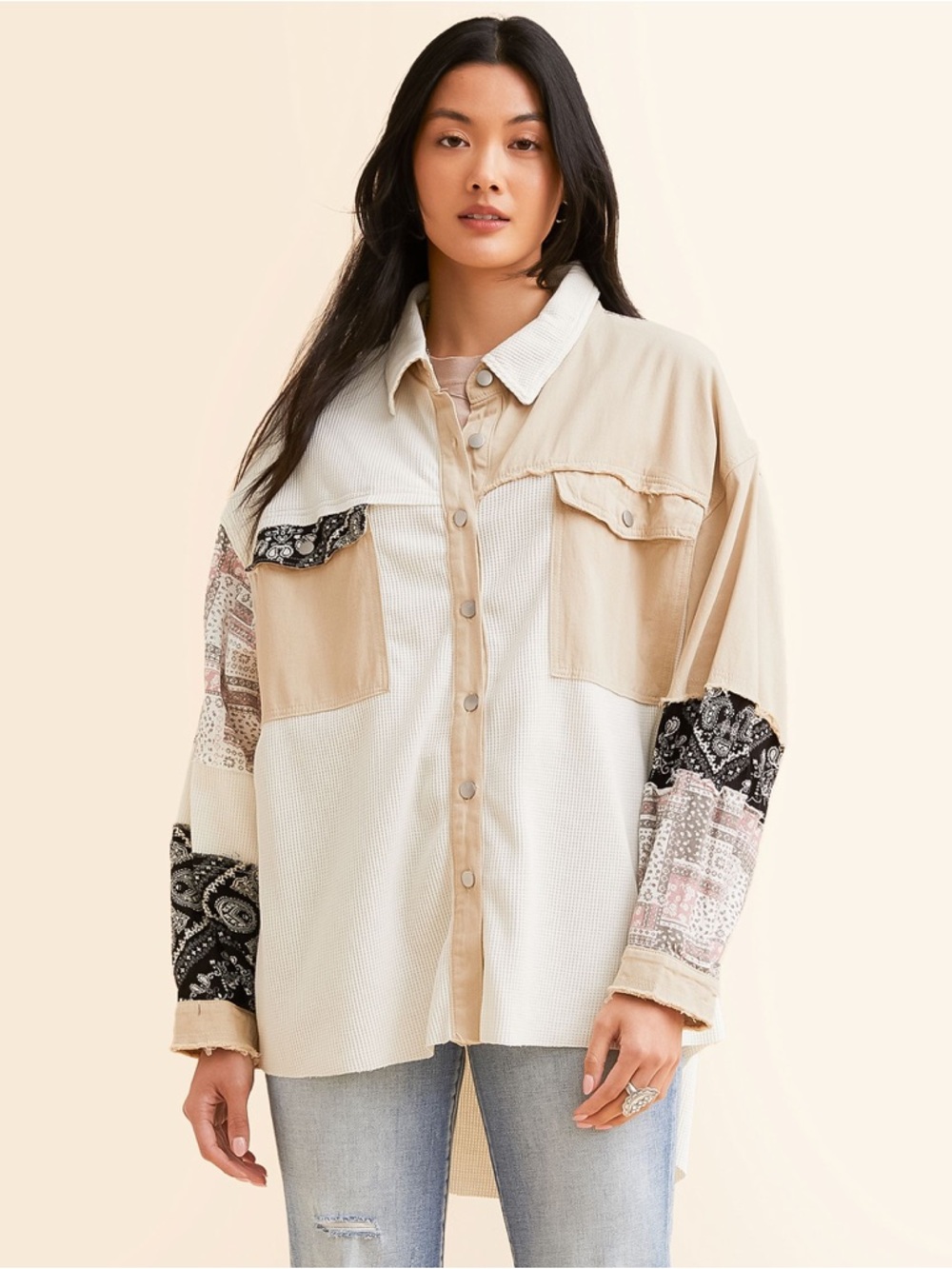 POL Patchwork Down Shirt Jacket - Beige, Cream, Black